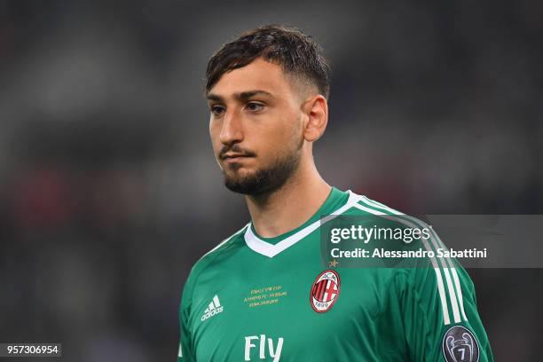 Gianluigi Donnarumma of AC Milan looks on during the TIM Cup Final between Juventus and AC Milan at Stadio Olimpico on May 9, 2018 in Rome, Italy.