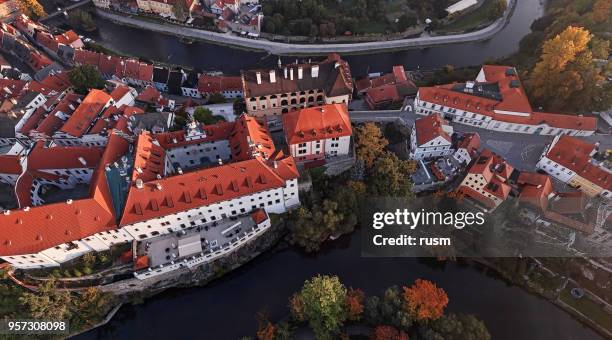 top aerial view of cesky krumlov old town - czech republic autumn stock pictures, royalty-free photos & images