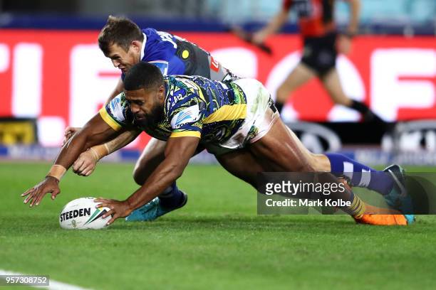 Michael Jennings of the Eels attempts to score a try only to have the try disallowed during the round 10 NRL match between the Canterbury Bulldogs...