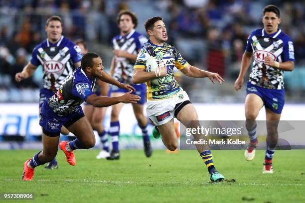 Mitchell Moses of the Eels makes a break during the round 10 NRL match between the Canterbury Bulldogs and the Parramatta Eels at ANZ Stadium on May...