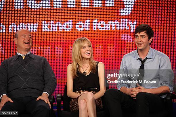 Actors Larry Miller, Meaghan Martin and Nicholas Braun speak onstage at the ABC '10 Things I Hate About You' Q&A portion of the 2010 Winter TCA Tour...