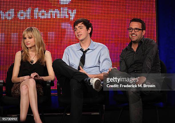 Actors Meaghan Martin, Ethan Peck and executive producer Carter Covington speak onstage at the ABC '10 Things I Hate About You' Q&A portion of the...