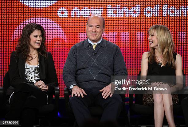 Actors Lindsey Shaw, Larry Miller and Meaghan Martin speak onstage at the ABC '10 Things I Hate About You' Q&A portion of the 2010 Winter TCA Tour...