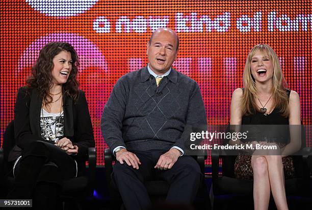 Actors Lindsey Shaw, Larry Miller and Meaghan Martin speak onstage at the ABC '10 Things I Hate About You' Q&A portion of the 2010 Winter TCA Tour...