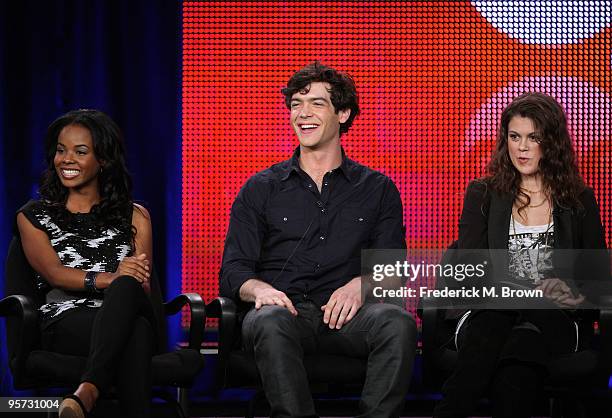 Actors Dana Davis, Ethan Peck and Lindsey Shaw speak onstage at the ABC '10 Things I Hate About You' Q&A portion of the 2010 Winter TCA Tour day 4 at...