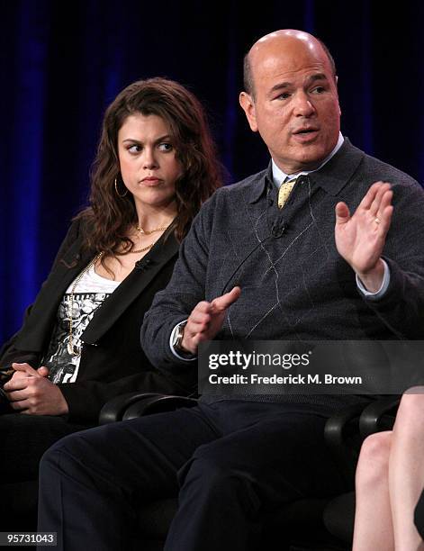 Actors Lindsey Shaw and Larry Miller speak onstage at the ABC '10 Things I Hate About You' Q&A portion of the 2010 Winter TCA Tour day 4 at the...