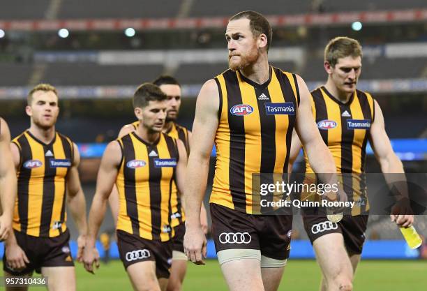 Jarryd Roughead of the Hawks looks dejected after losing the round eight AFL match between the Hawthorn Hawks and the Sydney Swans at Melbourne...