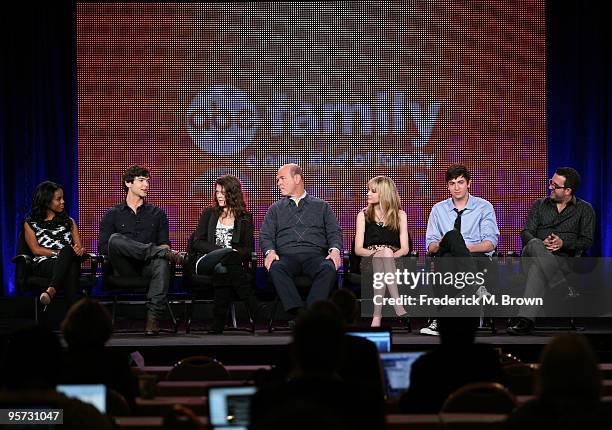 Actors Dana Davis, Ethan Peck, Lindsey Shaw, Larry Miller, Meaghan Martin, Nicholas Braun and executive producer Carter Covington speak onstage at...