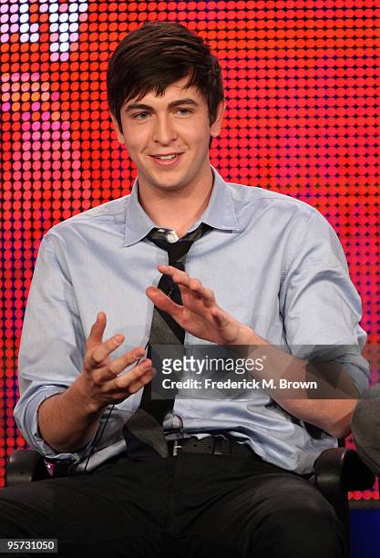 Actor Nicholas Braun speaks onstage at the ABC '10 Things I Hate About You' Q&A portion of the 2010 Winter TCA Tour day 4 at the Langham Hotel on...