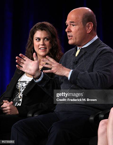 Actors Lindsey Shaw and Larry Miller speak onstage at the ABC '10 Things I Hate About You' Q&A portion of the 2010 Winter TCA Tour day 4 at the...