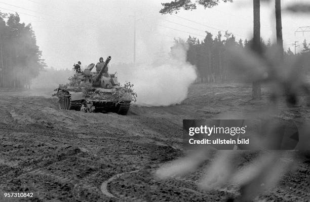 Die NVA-Soldaten der 9. Panzerdivision "Heinz Hoffmann" fahren während einer Manöverübung mit einem durch Blattwerk getarnten Panzer über das Gelände...