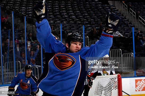 Eric Boulton of the Atlanta Thrashers reacts after scoring a goal against the Ottawa Senators at Philips Arena on January 12, 2010 in Atlanta,...