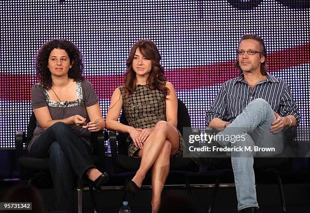 Creator/executive producer Jana Sinyor, actors Erin Karpluk and Michael Riley speak onstage at the ABC 'Being Erica' Q&A portion of the 2010 Winter...