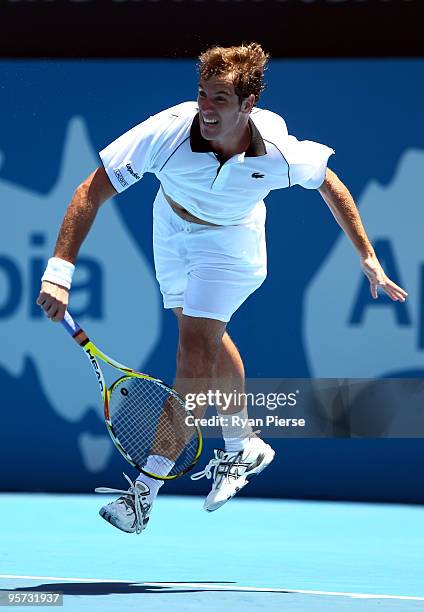 Richard Gasquet of France serves in his second round match against Benjamin Becker of Germany during day four of the 2010 Medibank International at...
