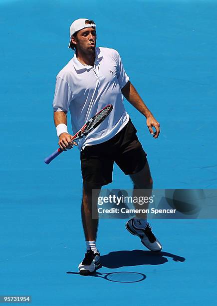 Benjamin Becker of Germany reacts to his shot down the line in his second round match against Richard Gasquet of France during day four of the 2010...