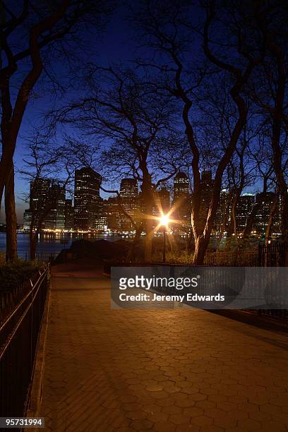 night scene in brooklyn with view of lower manhattan - brooklyn heights stock pictures, royalty-free photos & images