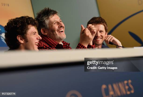 Vincent Lacoste, Christophe Honore and Pierre Deladonchamps attend the press conference for "Sorry Angel " during the 71st annual Cannes Film...