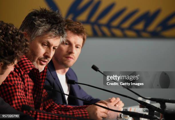 Vincent Lacoste, Christophe Honore and Pierre Deladonchamps attend the press conference for "Sorry Angel " during the 71st annual Cannes Film...