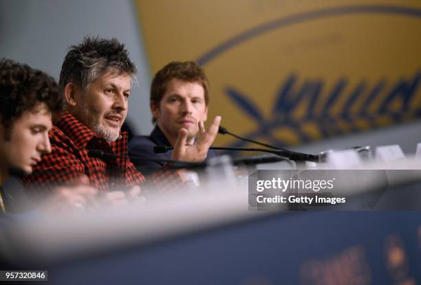 Vincent Lacoste, Christophe Honore and Pierre Deladonchamps attend the press conference for "Sorry Angel " during the 71st annual Cannes Film...