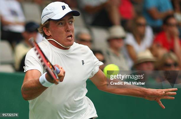 Rubin Statham of New Zealand plays a forehand during his second round match against Albert Montanes of Spain on day three of the Heineken Open at the...