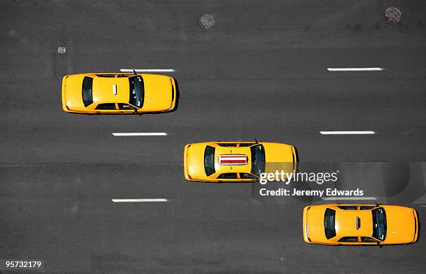 nyc yellow cabs - aerial - new york city birds eye view stock pictures, royalty-free photos & images