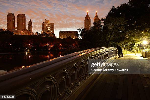 romance on bow bridge, central park, new york - couple central park stockfoto's en -beelden