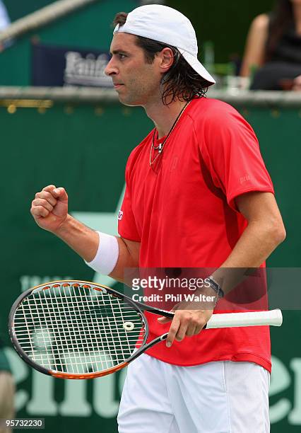 Albert Montanes of Spain celebrates a point during his second round match against Rubin Statham of New Zealand on day three of the Heineken Open at...