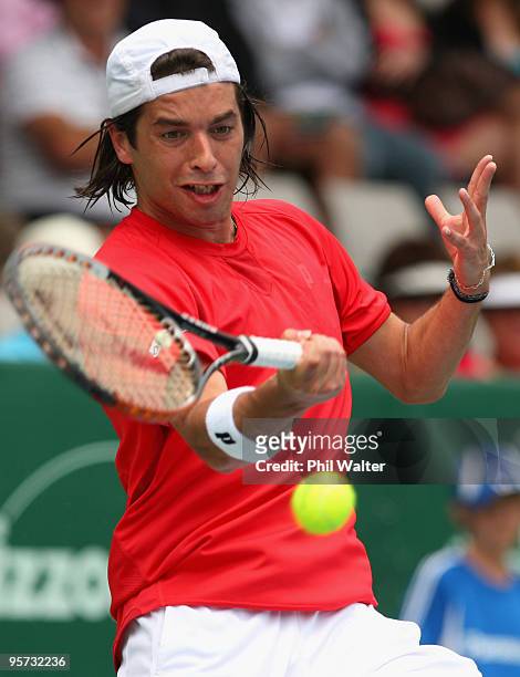 Albert Montanes of Spain plays a forehand during his second round match against Rubin Statham of New Zealand on day three of the Heineken Open at the...