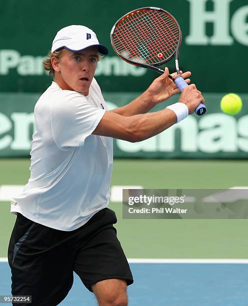 Rubin Statham of New Zealand plays a backhand during his second round match against Albert Montanes of Spain on day three of the Heineken Open at the...