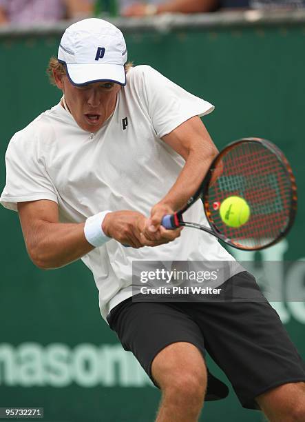 Rubin Statham of New Zealand plays a backhand during his second round match against Albert Montanes of Spain on day three of the Heineken Open at the...