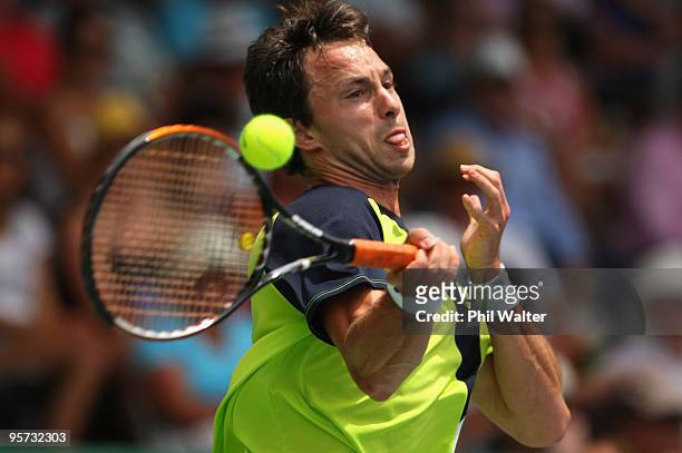 Simon Greul of Germany plays a forehand during his second round match against Tommy Robredo of Spain on day three of the Heineken Open at the ASB...