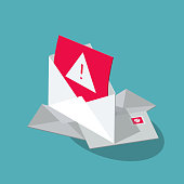 Spam vector symbol with several envelopes and a red unsolicited message