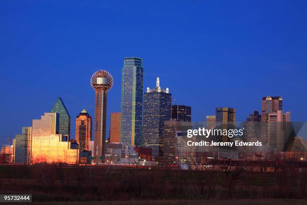 panoramic view of dallas skyline, texas - reunion tower stock pictures, royalty-free photos & images