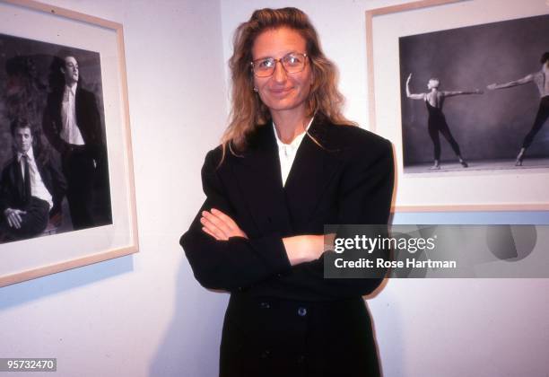 Photographer Annie Leibovitz poses for a portrait at her opening in SOHO at the Danziger Gallery in 1991 in New York City, New York.
