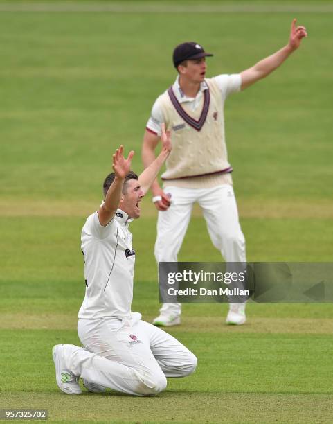 Craig Overton of Somerset appeals unsuccessfully for the wicket of Tom Alsop of Hampshire during day one of the Specsavers County Championship...