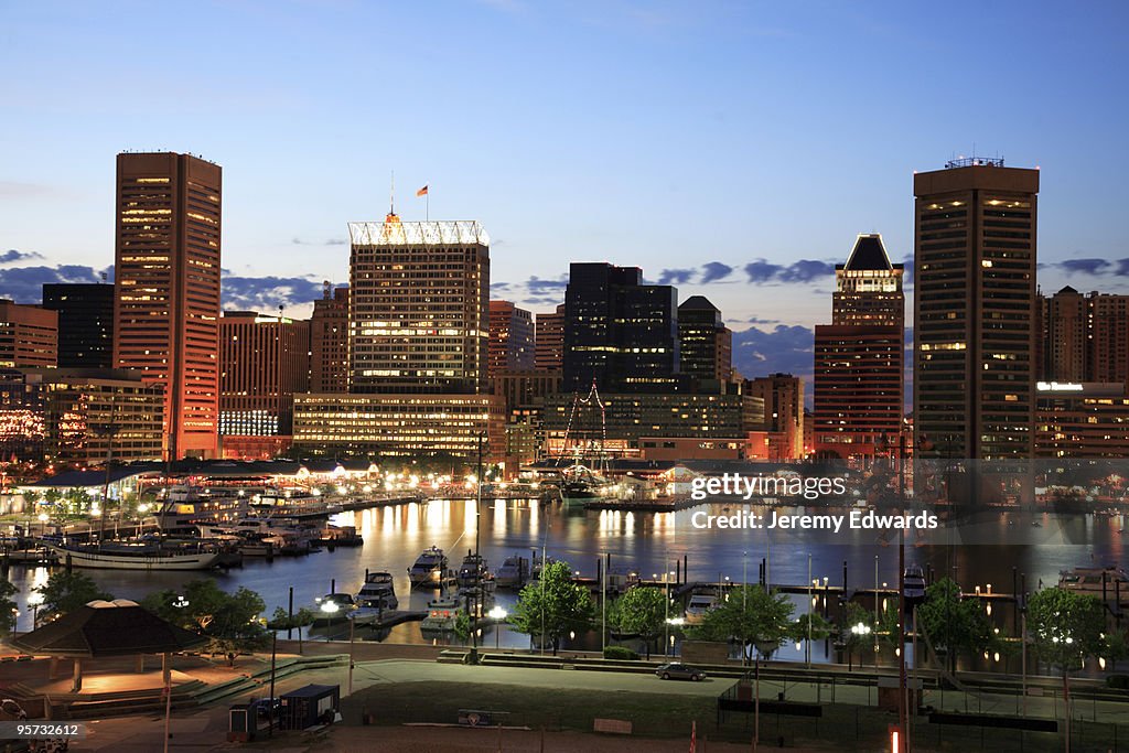 Illuminated skyscrapers of Inner Harbor, Baltimore, Maryland