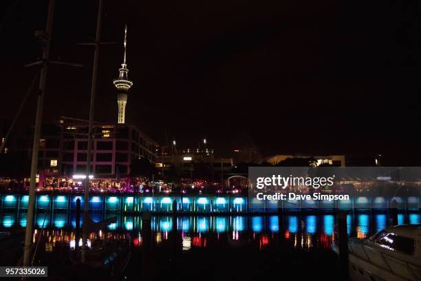 Lights illuminate Auckland, Viaduct Harbour as part of Bright Nights on May 11, 2018 in Auckland, New Zealand. Bright Nights is a three-day festival...