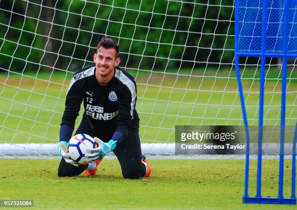 Goalkeeper Martin Dubravka holds the ball during the Newcastle United Training Session at the Newcastle United Training Centre on May 11 in Newcastle...