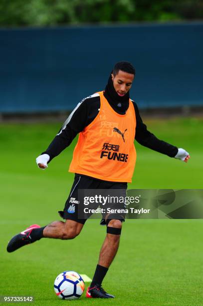 Isaac Hayden passes the ball during the Newcastle United Training Session at the Newcastle United Training Centre on May 11 in Newcastle upon Tyne,...