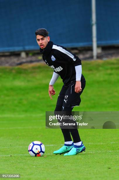 Ayoze Perez looks to pass the ball during the Newcastle United Training Session at the Newcastle United Training Centre on May 11 in Newcastle upon...