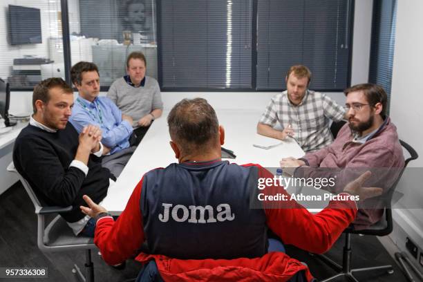 Manager Carlos Carvalhal speaks to reporters during the Swansea City Press Conference at The Fairwood Training Ground on May 11, 2018 in Swansea,...