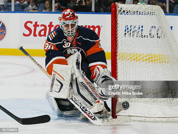 Dwayne Roloson of the New York Islanders makes a stick save against the Detroit Red Wings on January 12, 2010 at Nassau Coliseum in Uniondale, New...