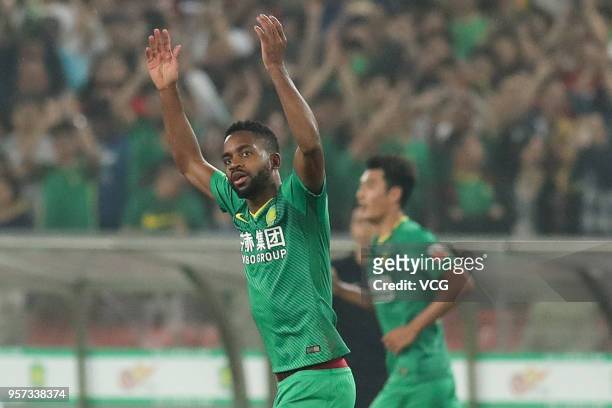 Cedric Bakambu of Beijing Guoan celebrates after scoring a goal during 2018 China Super League match between Beijing Guoan and Guangzhou R&F at...