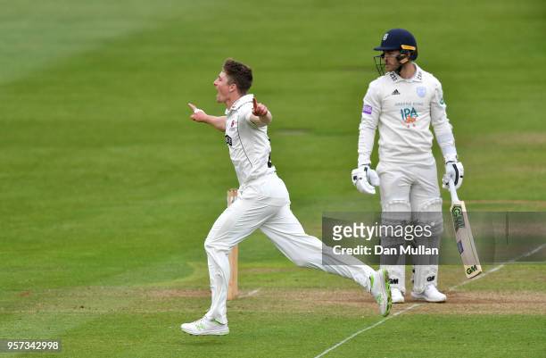 Tom Abell of Somerset celebrates taking the wicket of Lewis McManus of Hampshire during day one of the Specsavers County Championship Division One...
