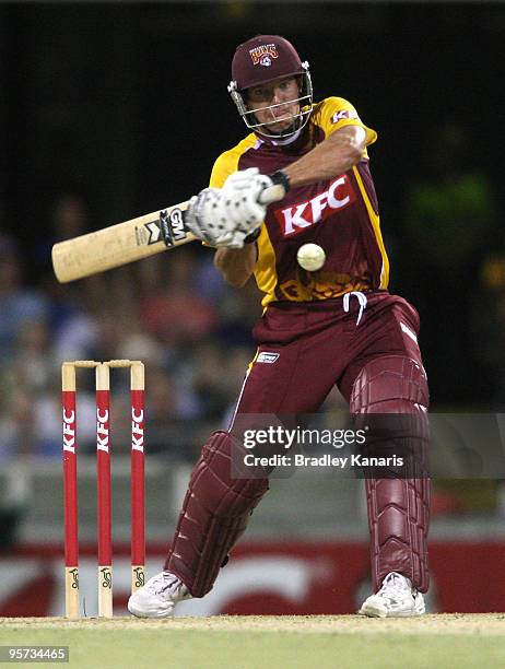 James Hopes of the Bulls bats during the Twenty20 Big Bash match between the Queensland Bulls and the Tasmanian Tigers at The Gabba on January 8,...