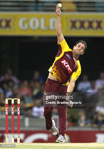 Chris Simpson of the Bulls bowls during the Twenty20 Big Bash match between the Queensland Bulls and the Tasmanian Tigers at The Gabba on January 8,...