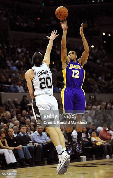 Guard Shannon Brown of the Los Angeles Lakers takes a shot against Manu Ginobili of the San Antonio Spurs on January 12, 2010 at AT&T Center in San...