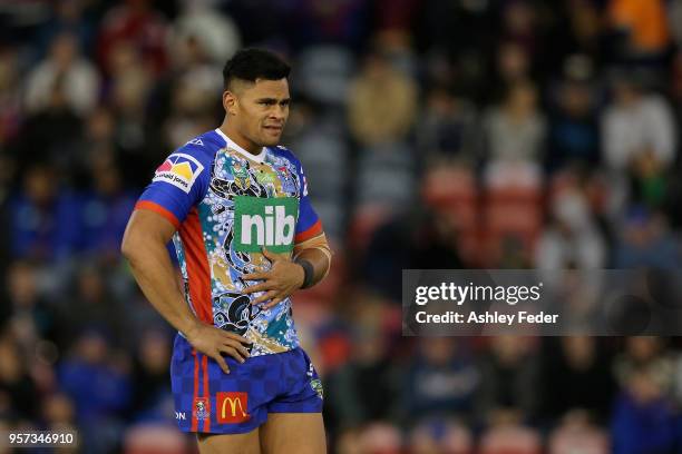 Herman Ese'Ese of the Knights looks on during the round 10 NRL match between the Newcastle Knights and the Penrith Panthers at McDonald Jones Stadium...