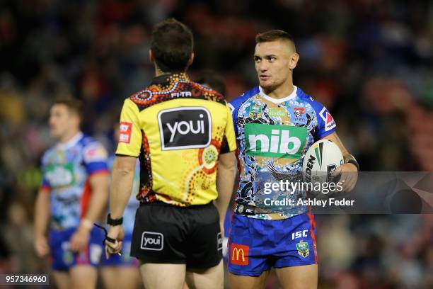 Danny Levi of the Knights questions a decision during the round 10 NRL match between the Newcastle Knights and the Penrith Panthers at McDonald Jones...