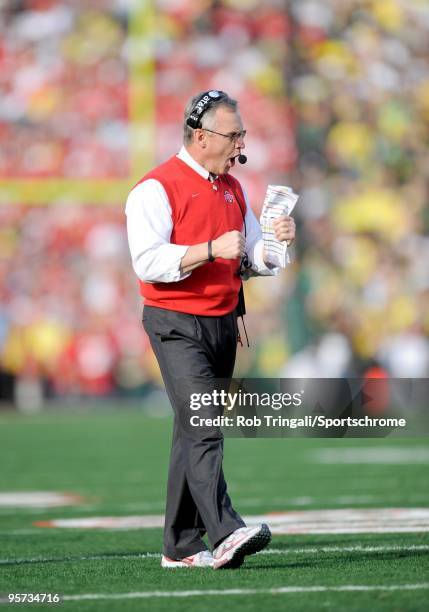 Jim Tressel head coach of the Ohio State Buckeyes looks on against the Oregon Ducks in the 96th Rose Bowl played on January 1, 2010 in Pasadena,...